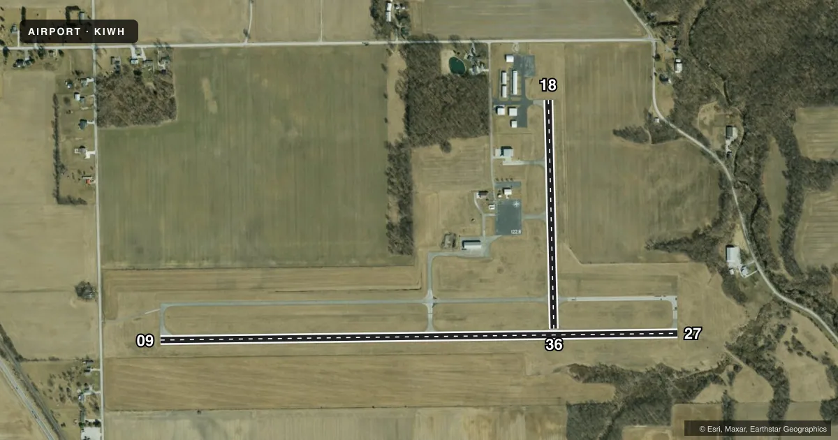 Top-down satellite sketch of KIWH WABASH MUNI in WABASH, INDIANA, showing runways 09/27, 18/36 drawn to scale over Esri World Imagery