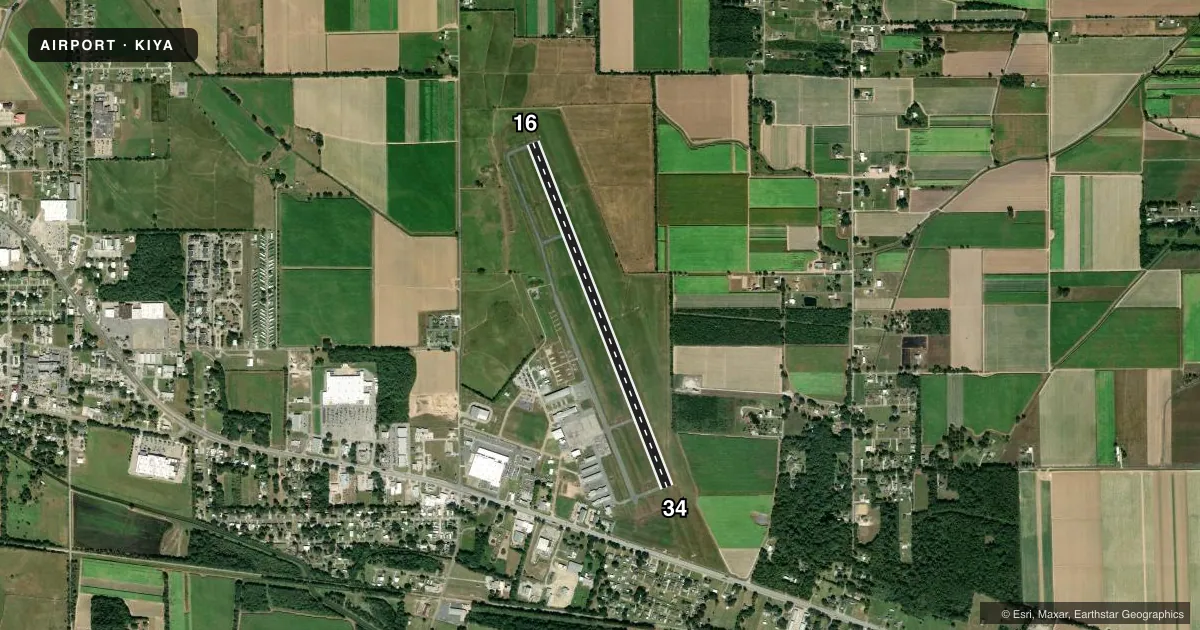 Top-down satellite sketch of KIYA ABBEVILLE CHRIS CRUSTA MEML in ABBEVILLE, LOUISIANA, showing runways 16/34 drawn to scale over Esri World Imagery