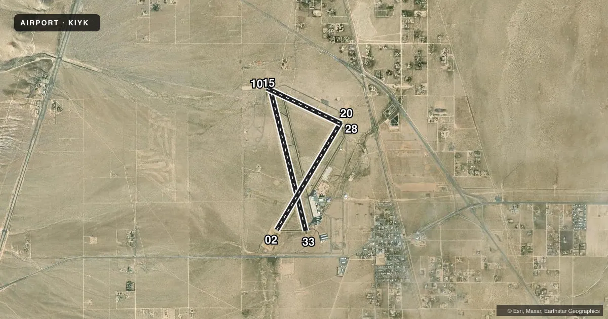 Top-down satellite sketch of KIYK INYOKERN in INYOKERN, CALIFORNIA, showing runways 15/33, 02/20, 10/28 drawn to scale over Esri World Imagery
