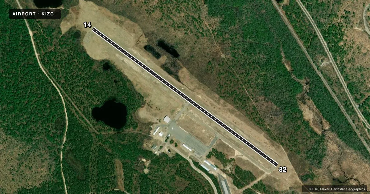 Top-down satellite sketch of KIZG WHITE MOUNTAIN RGNL in FRYEBURG, MAINE, showing runways 14/32 drawn to scale over Esri World Imagery