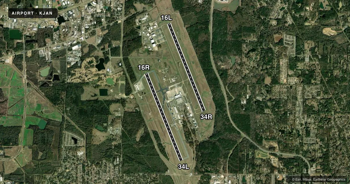 Top-down satellite sketch of KJAN JACKSON-MEDGAR WILEY EVERS INTL in JACKSON, MISSISSIPPI, showing runways 16L/34R, 16R/34L drawn to scale over Esri World Imagery