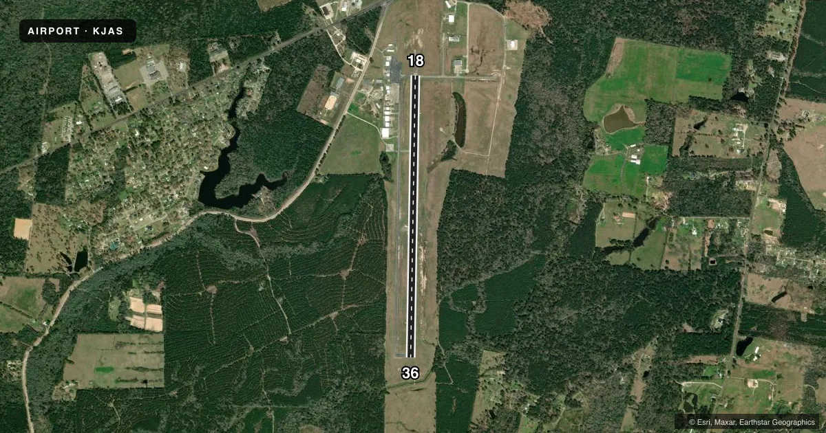Top-down satellite sketch of KJAS JASPER COUNTY/BELL FLD in JASPER, TEXAS, showing runways 18/36 drawn to scale over Esri World Imagery