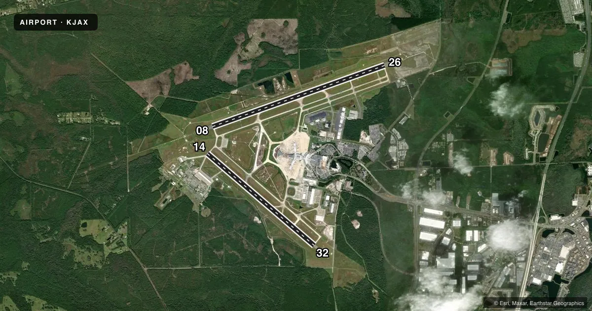 Top-down satellite sketch of KJAX JACKSONVILLE INTL in JACKSONVILLE, FLORIDA, showing runways 08/26, 14/32 drawn to scale over Esri World Imagery