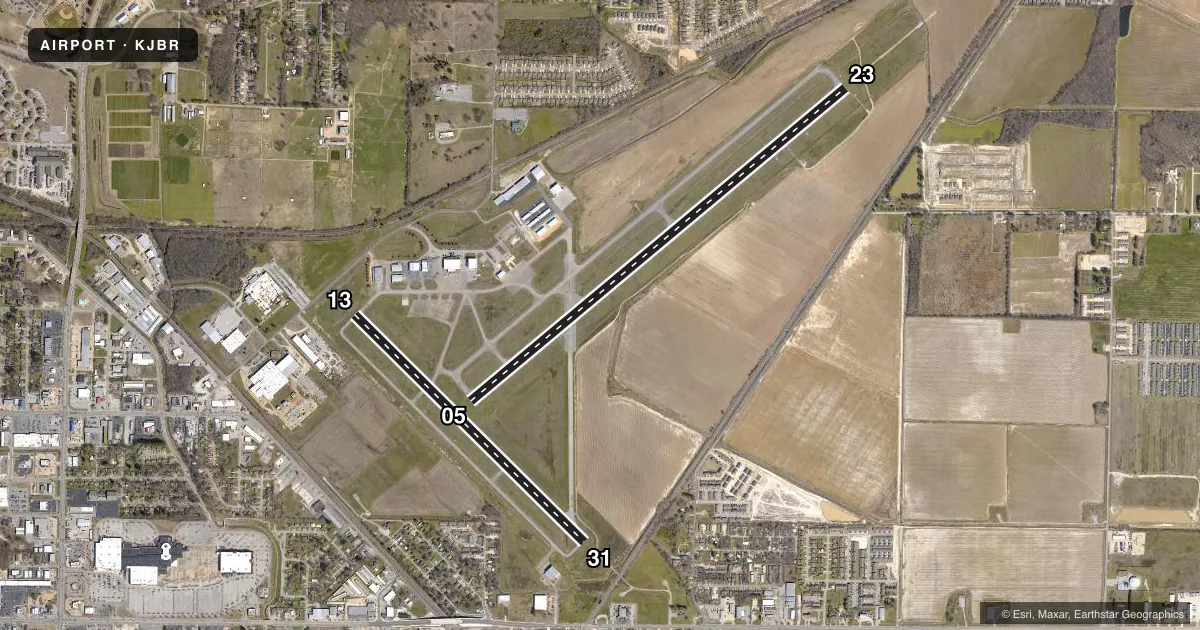 Top-down satellite sketch of KJBR JONESBORO MUNI in JONESBORO, ARKANSAS, showing runways 05/23, 13/31 drawn to scale over Esri World Imagery