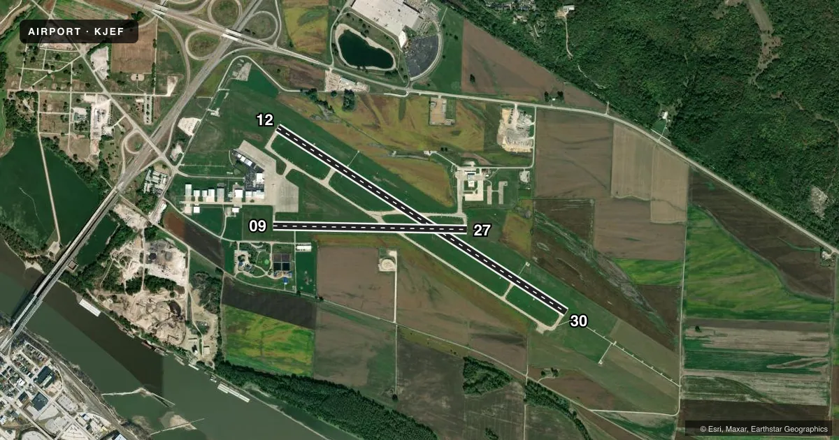 Top-down satellite sketch of KJEF JEFFERSON CITY MEML in JEFFERSON CITY, MISSOURI, showing runways 12/30, 09/27 drawn to scale over Esri World Imagery