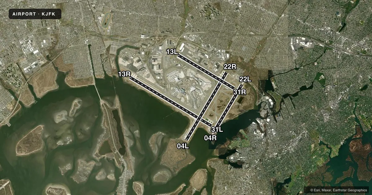 Top-down satellite sketch of KJFK JOHN F KENNEDY INTL in NEW YORK, NEW YORK, showing runways 13R/31L, 04L/22R, 13L/31R, 04R/22L drawn to scale over Esri World Imagery