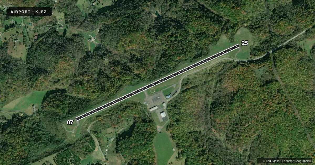 Top-down satellite sketch of KJFZ TAZEWELL COUNTY in RICHLANDS, VIRGINIA, showing runways 07/25 drawn to scale over Esri World Imagery