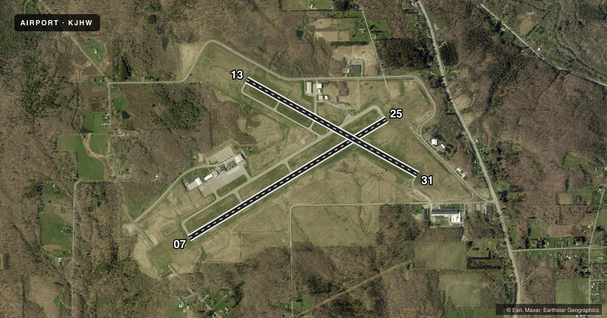 Top-down satellite sketch of KJHW CHAUTAUQUA COUNTY/JAMESTOWN in JAMESTOWN, NEW YORK, showing runways 07/25, 13/31 drawn to scale over Esri World Imagery