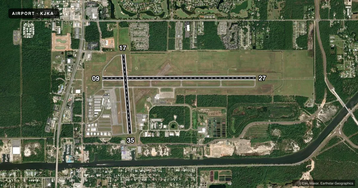 Top-down satellite sketch of KJKA GULF SHORES INTL/JACK EDWARDS FLD in GULF SHORES, ALABAMA, showing runways 09/27, 17/35 drawn to scale over Esri World Imagery