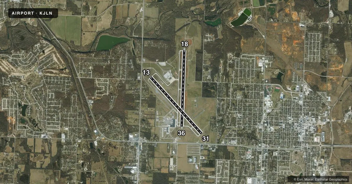 Top-down satellite sketch of KJLN JOPLIN RGNL in JOPLIN, MISSOURI, showing runways 18/36, 13/31 drawn to scale over Esri World Imagery