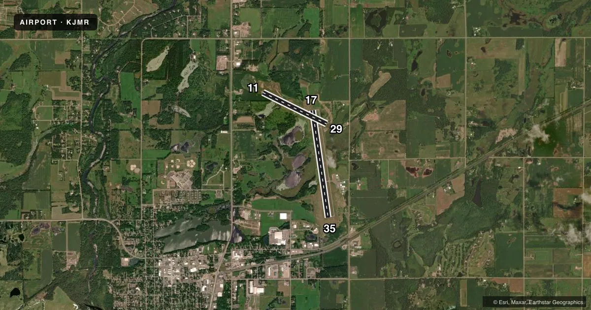Top-down satellite sketch of KJMR MORA MUNI in MORA, MINNESOTA, showing runways 17/35, 11/29 drawn to scale over Esri World Imagery