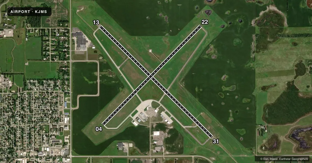 Top-down satellite sketch of KJMS JAMESTOWN RGNL in JAMESTOWN, NORTH DAKOTA, showing runways 13/31, 04/22 drawn to scale over Esri World Imagery
