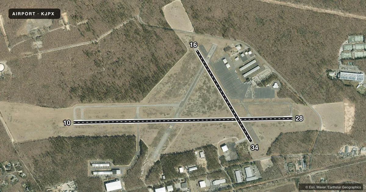 Top-down satellite sketch of KJPX EAST HAMPTON TOWN in EAST HAMPTON, NEW YORK, showing runways 10/28, 16/34 drawn to scale over Esri World Imagery