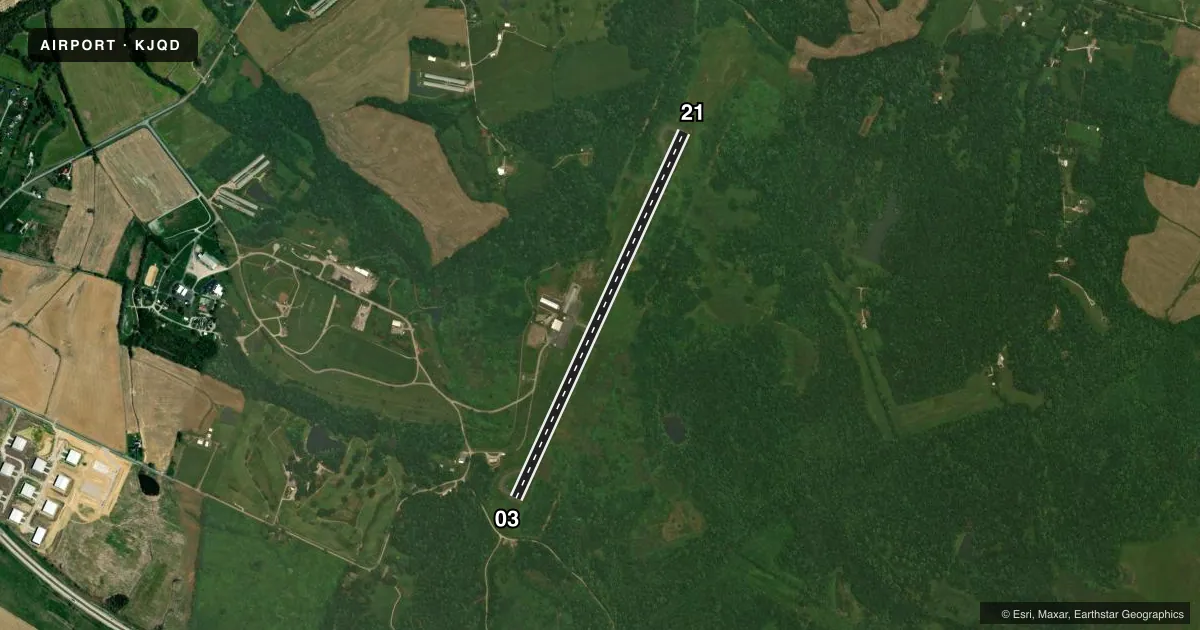 Top-down satellite sketch of KJQD OHIO COUNTY in HARTFORD, KENTUCKY, showing runways 03/21 drawn to scale over Esri World Imagery