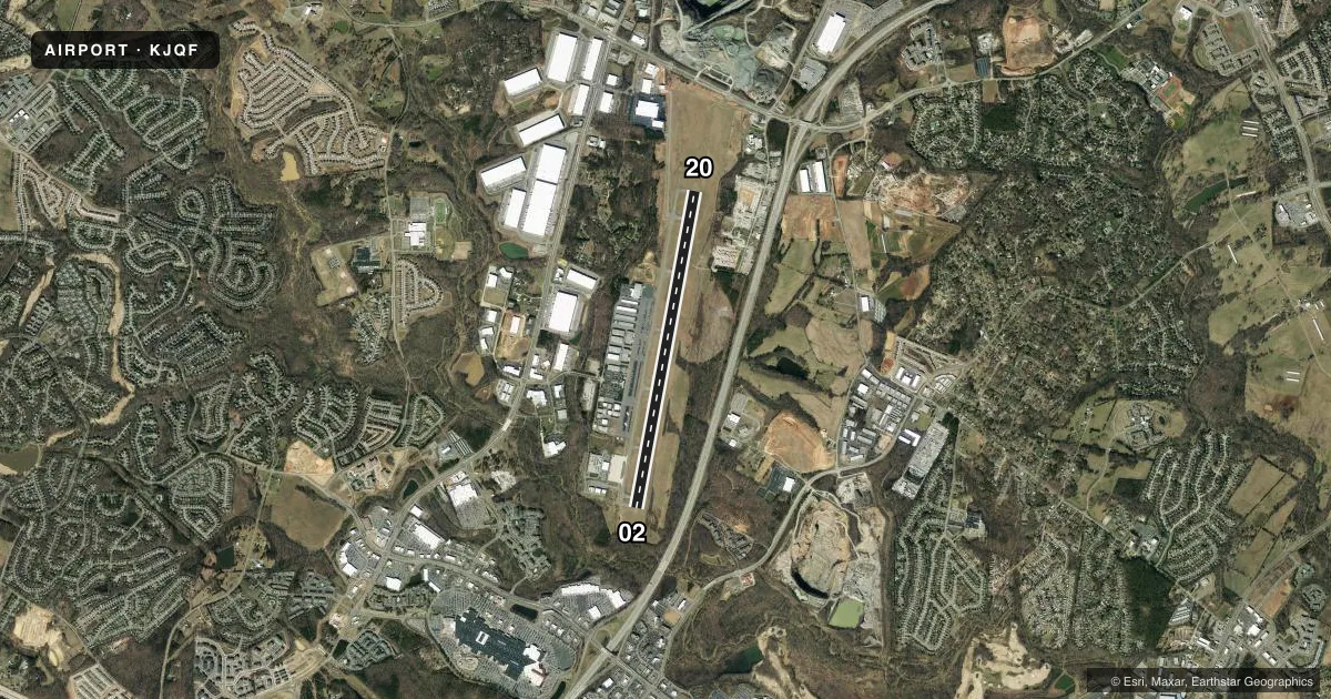 Top-down satellite sketch of KJQF CONCORD-PADGETT RGNL in CONCORD, NORTH CAROLINA, showing runways 02/20 drawn to scale over Esri World Imagery