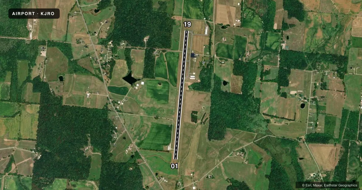 Top-down satellite sketch of KJRO JAMES A RHODES in JACKSON, OHIO, showing runways 01/19 drawn to scale over Esri World Imagery