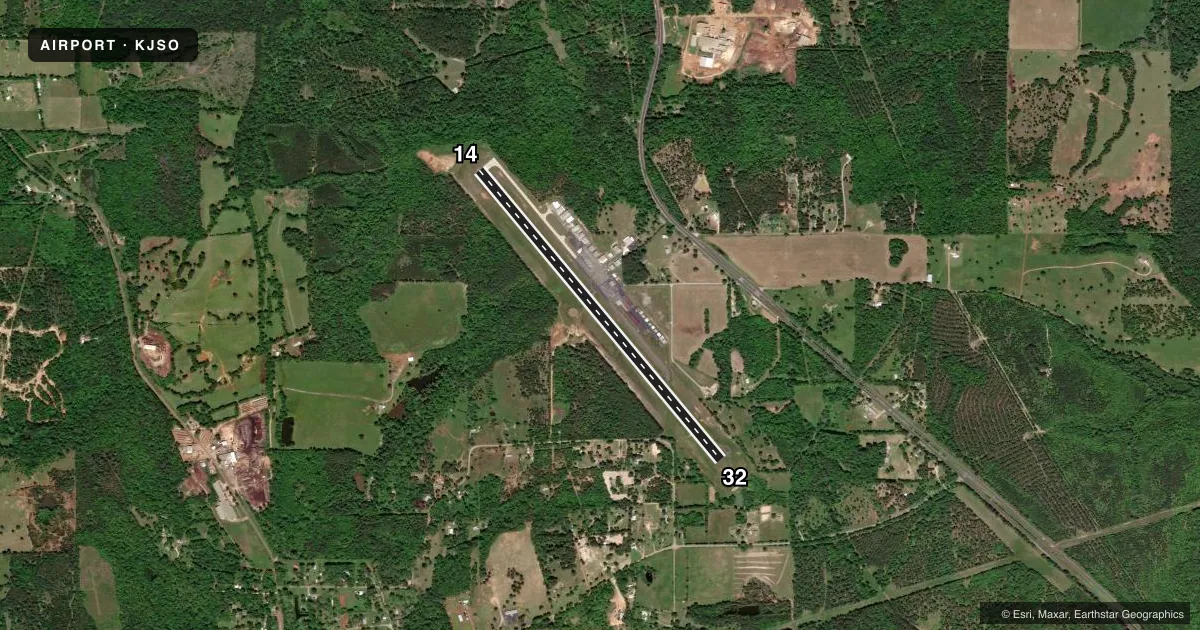 Top-down satellite sketch of KJSO CHEROKEE COUNTY in JACKSONVILLE, TEXAS, showing runways 14/32 drawn to scale over Esri World Imagery