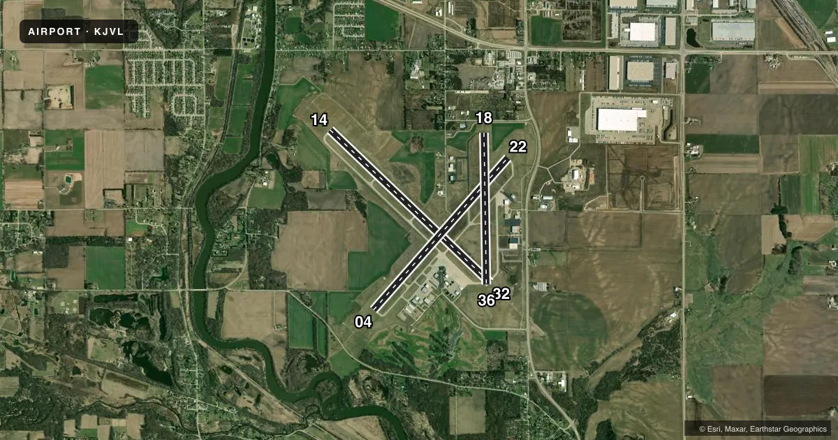 Top-down satellite sketch of KJVL SOUTHERN WISCONSIN RGNL in JANESVILLE, WISCONSIN, showing runways 14/32, 04/22, 18/36 drawn to scale over Esri World Imagery