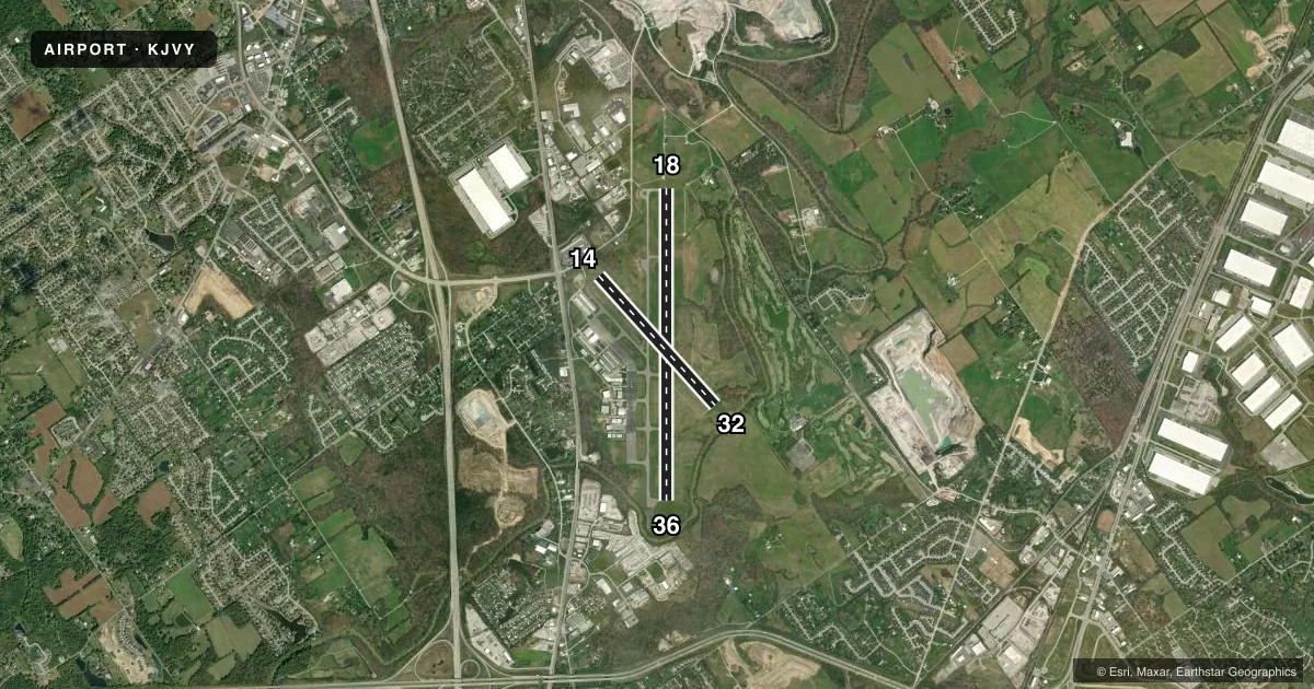 Top-down satellite sketch of KJVY CLARK RGNL in JEFFERSONVILLE, INDIANA, showing runways 18/36, 14/32 drawn to scale over Esri World Imagery