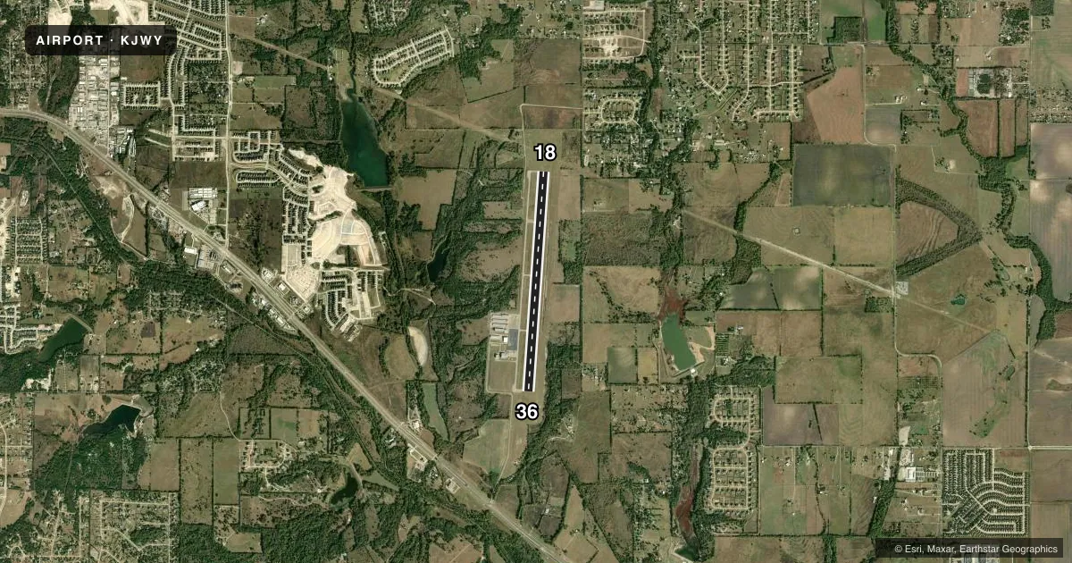 Top-down satellite sketch of KJWY MID-WAY RGNL in MIDLOTHIAN/WAXAHACHIE, TEXAS, showing runways 18/36 drawn to scale over Esri World Imagery