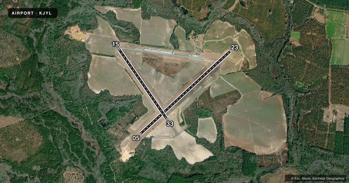 Top-down satellite sketch of KJYL PLANTATION AIRPARK in SYLVANIA, GEORGIA, showing runways 05/23, 15/33 drawn to scale over Esri World Imagery