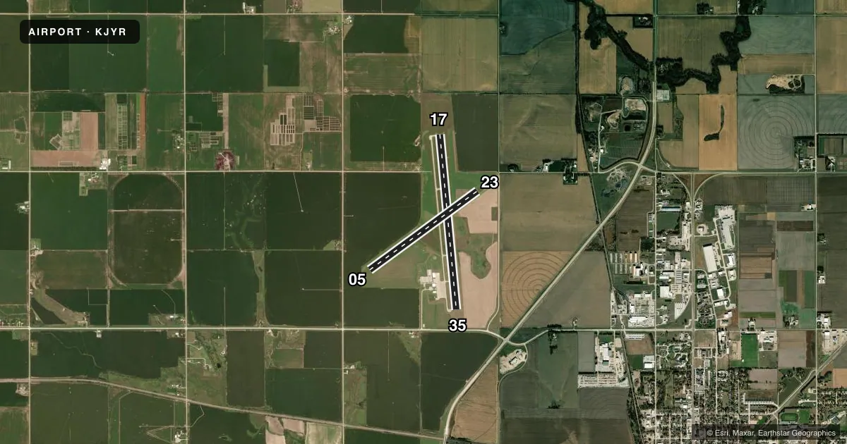 Top-down satellite sketch of KJYR YORK MUNI in YORK, NEBRASKA, showing runways 17/35, 05/23 drawn to scale over Esri World Imagery