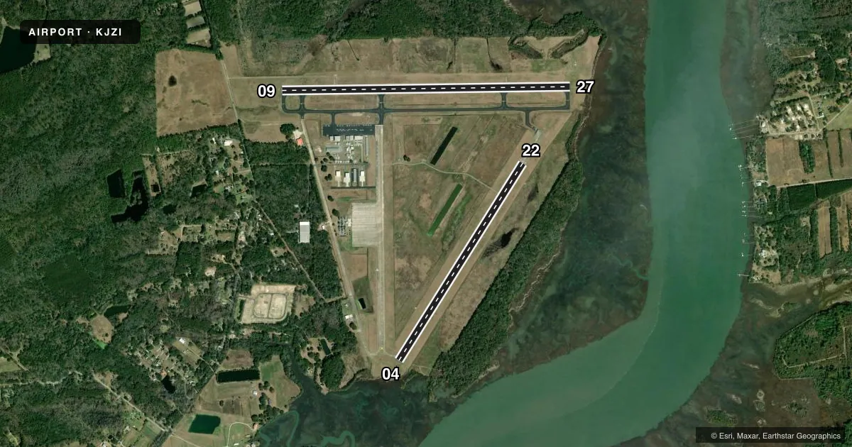 Top-down satellite sketch of KJZI CHARLESTON EXEC in CHARLESTON, SOUTH CAROLINA, showing runways 09/27, 04/22 drawn to scale over Esri World Imagery