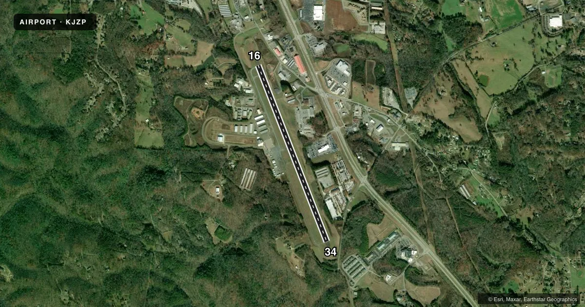 Top-down satellite sketch of KJZP PICKENS COUNTY in JASPER, GEORGIA, showing runways 16/34 drawn to scale over Esri World Imagery