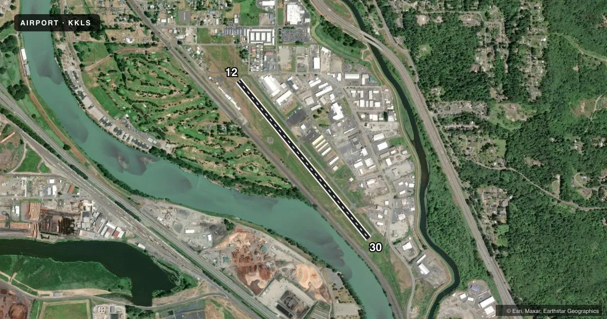 Top-down satellite sketch of KKLS SOUTHWEST WASHINGTON RGNL in KELSO, WASHINGTON, showing runways 12/30 drawn to scale over Esri World Imagery