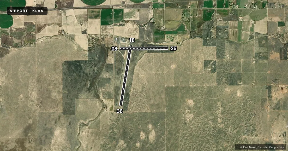 Top-down satellite sketch of KLAA SOUTHEAST COLORADO RGNL in LAMAR, COLORADO, showing runways 18/36, 08/26 drawn to scale over Esri World Imagery