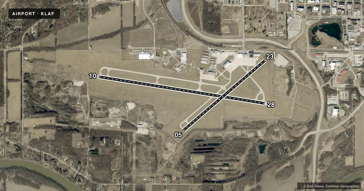 Top-down satellite sketch of KLAF PURDUE UNIVERSITY in LAFAYETTE, INDIANA, showing runways 10/28, 05/23 drawn to scale over Esri World Imagery