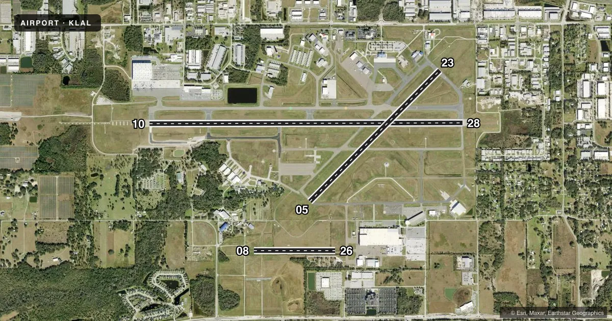 Top-down satellite sketch of KLAL LAKELAND LINDER INTL in LAKELAND, FLORIDA, showing runways 10/28, 05/23, 08/26 drawn to scale over Esri World Imagery