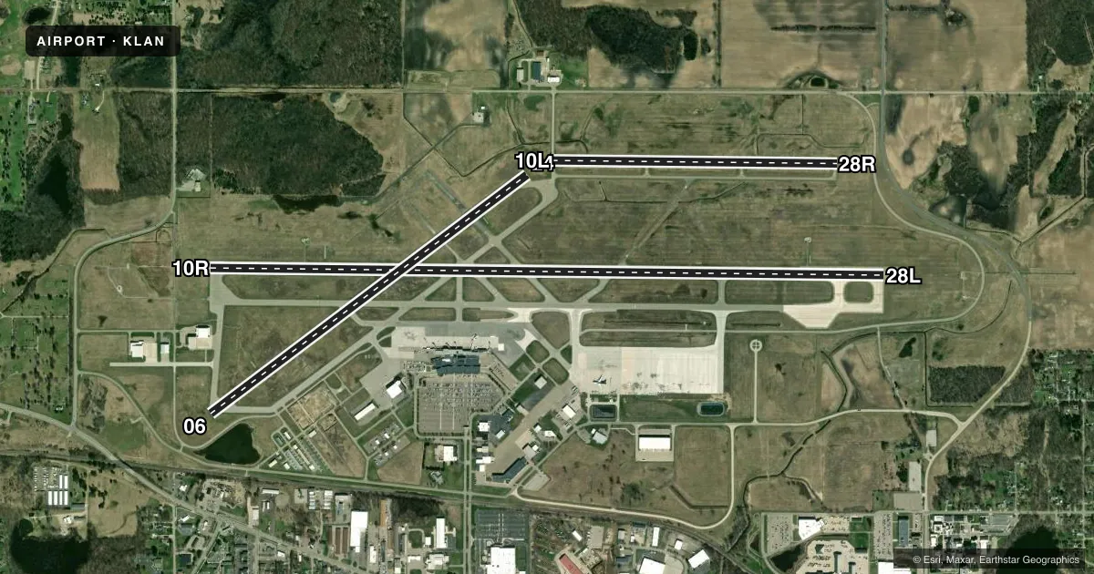 Top-down satellite sketch of KLAN CAPITAL REGION INTL in LANSING, MICHIGAN, showing runways 10R/28L, 06/24, 10L/28R drawn to scale over Esri World Imagery