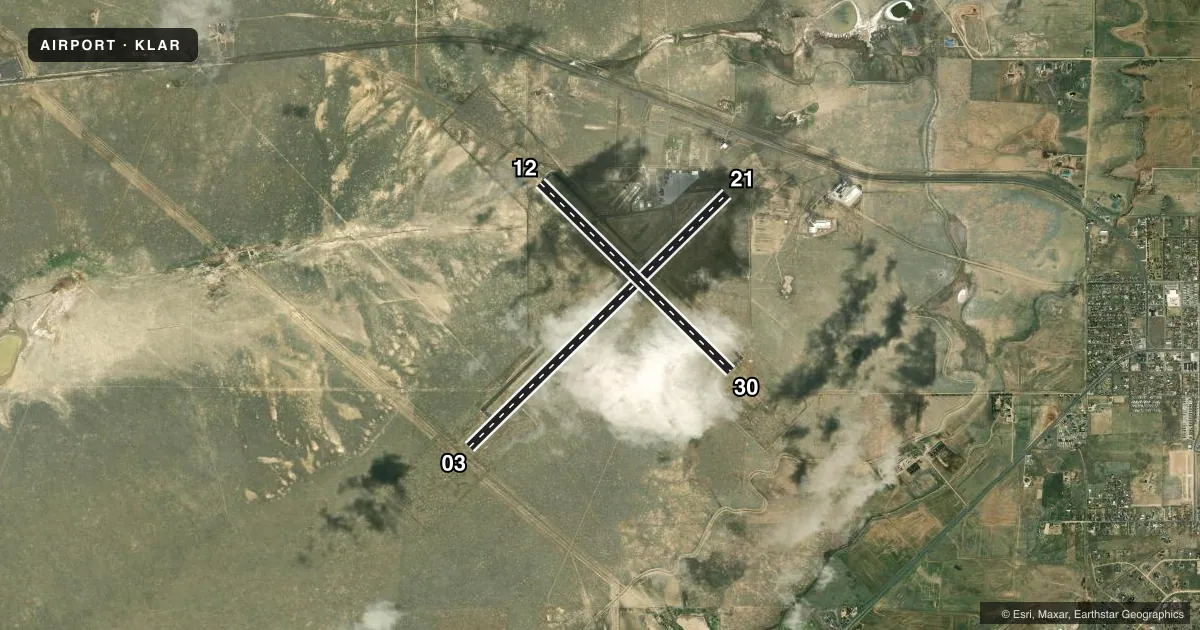 Top-down satellite sketch of KLAR LARAMIE RGNL in LARAMIE, WYOMING, showing runways 03/21, 12/30 drawn to scale over Esri World Imagery