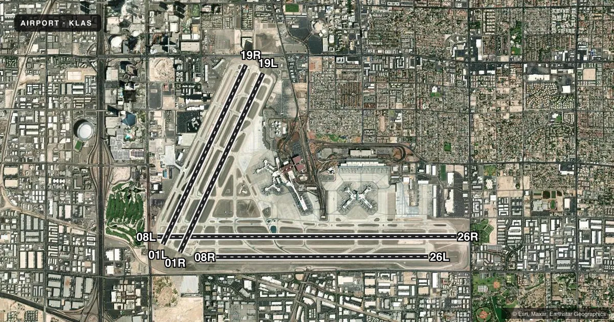 Top-down satellite sketch of KLAS HARRY REID INTL in LAS VEGAS, NEVADA, showing runways 08L/26R, 08R/26L, 01L/19R, 01R/19L drawn to scale over Esri World Imagery