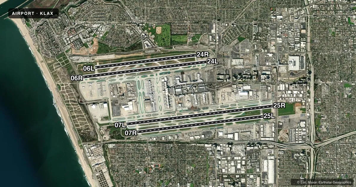 Top-down satellite sketch of KLAX LOS ANGELES INTL in LOS ANGELES, CALIFORNIA, showing runways 07L/25R, 07R/25L, 06R/24L, 06L/24R drawn to scale over Esri World Imagery