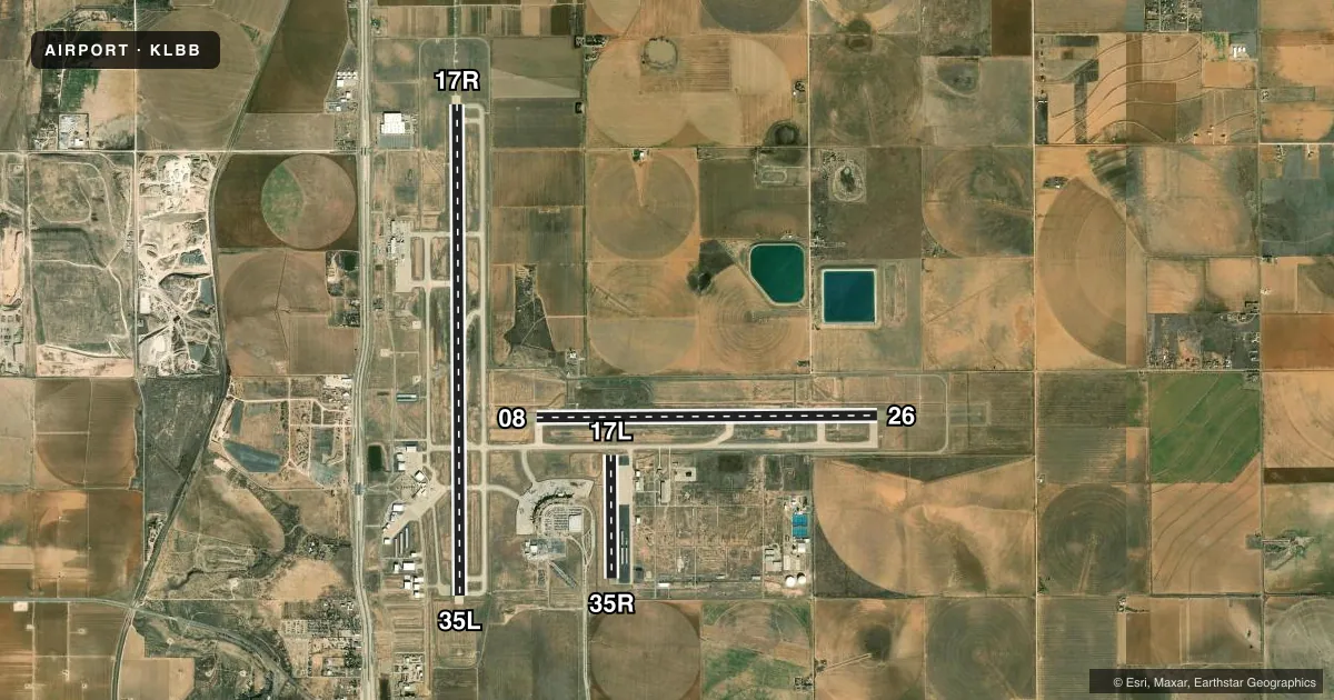 Top-down satellite sketch of KLBB LUBBOCK PRESTON SMITH INTL in LUBBOCK, TEXAS, showing runways 17R/35L, 08/26, 17L/35R drawn to scale over Esri World Imagery