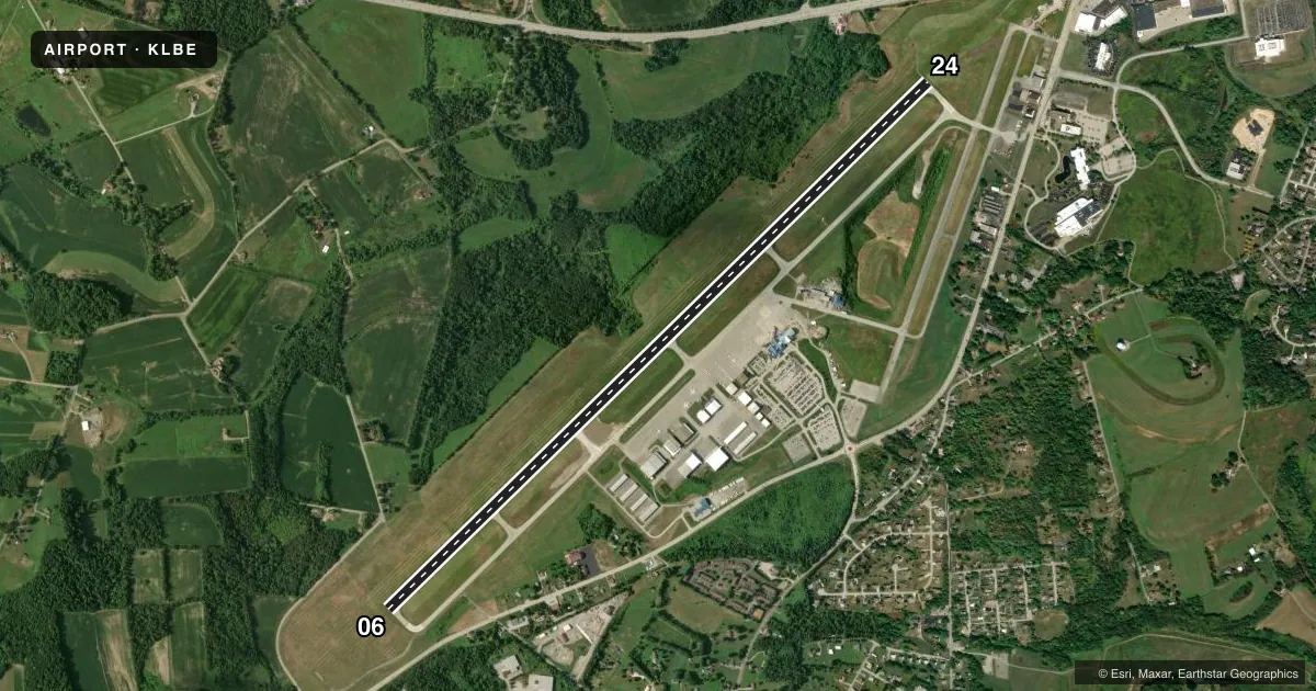 Top-down satellite sketch of KLBE ARNOLD PALMER RGNL in LATROBE, PENNSYLVANIA, showing runways 06/24 drawn to scale over Esri World Imagery