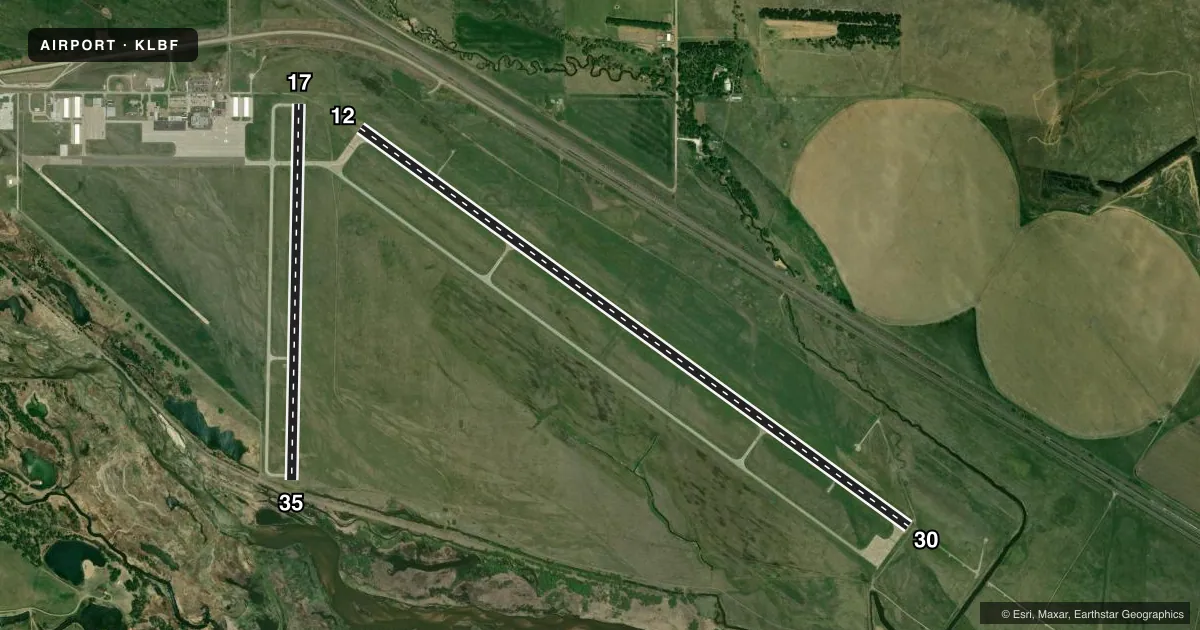 Top-down satellite sketch of KLBF NORTH PLATTE RGNL/LEE BIRD FLD in NORTH PLATTE, NEBRASKA, showing runways 12/30, 17/35 drawn to scale over Esri World Imagery