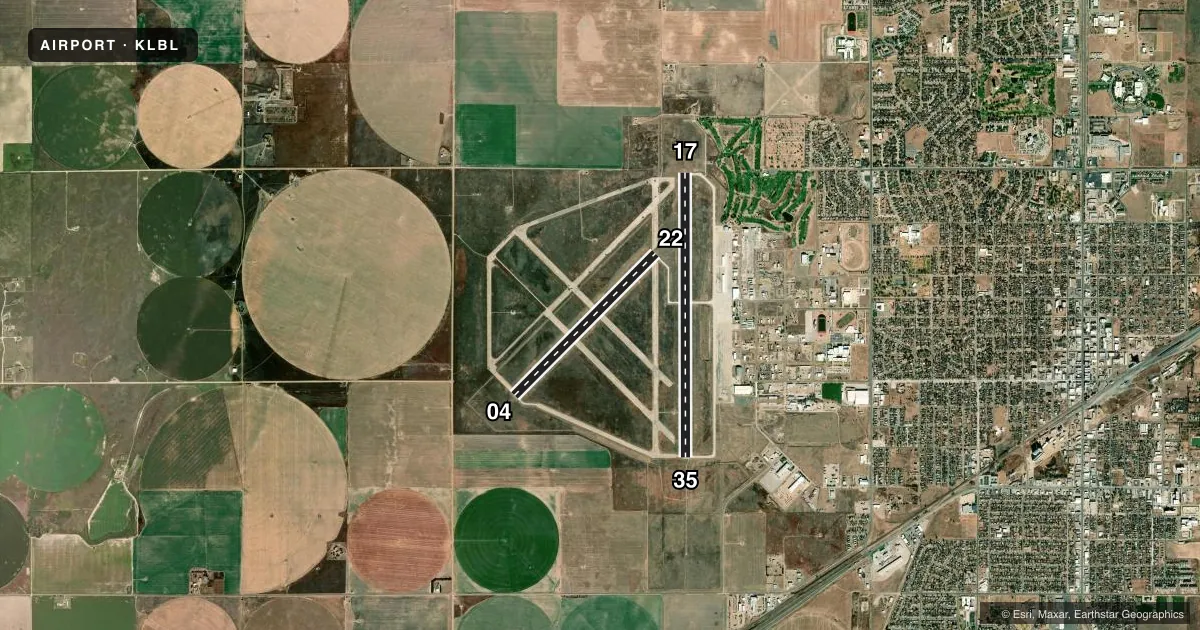 Top-down satellite sketch of KLBL LIBERAL MID-AMERICA RGNL in LIBERAL, KANSAS, showing runways 17/35, 04/22 drawn to scale over Esri World Imagery