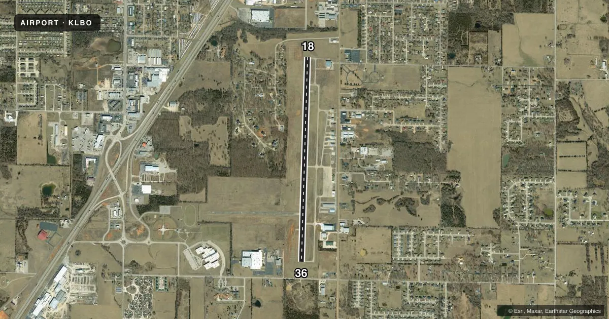 Top-down satellite sketch of KLBO FLOYD W JONES LEBANON in LEBANON, MISSOURI, showing runways 18/36 drawn to scale over Esri World Imagery