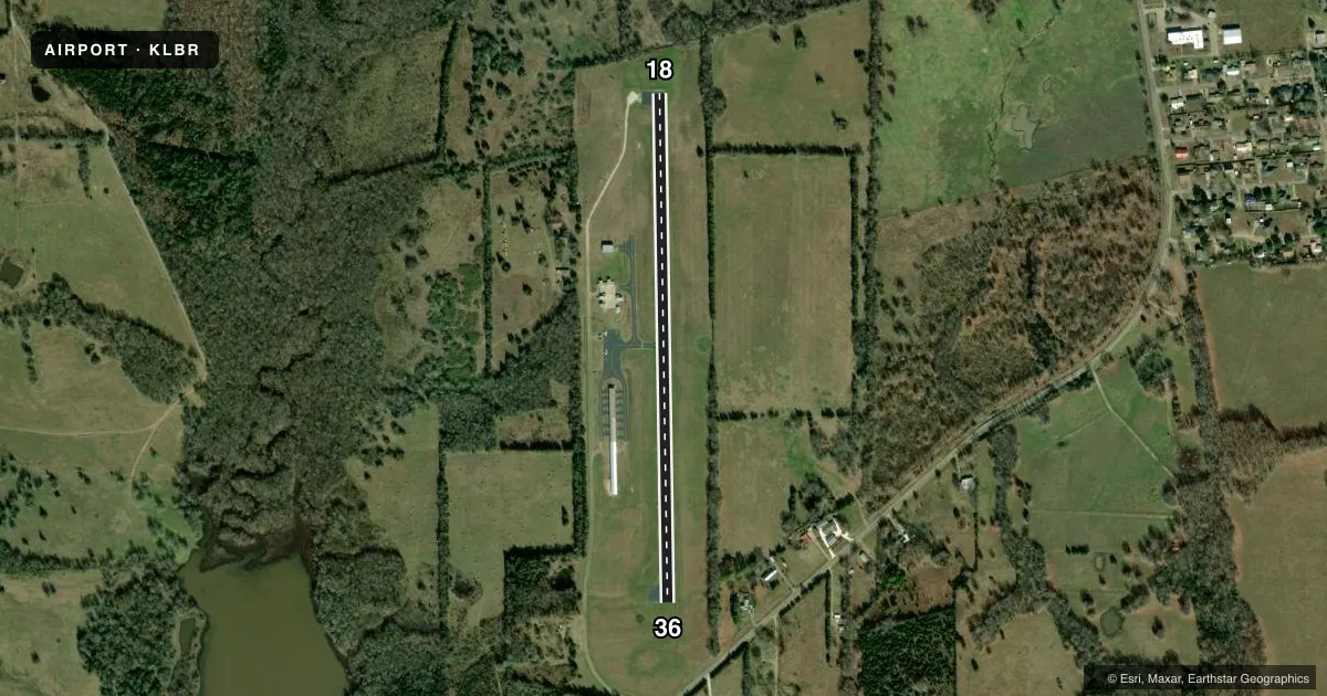 Top-down satellite sketch of KLBR CLARKSVILLE/RED RIVER CTY-J D TRISSELL FLD in CLARKSVILLE, TEXAS, showing runways 18/36 drawn to scale over Esri World Imagery