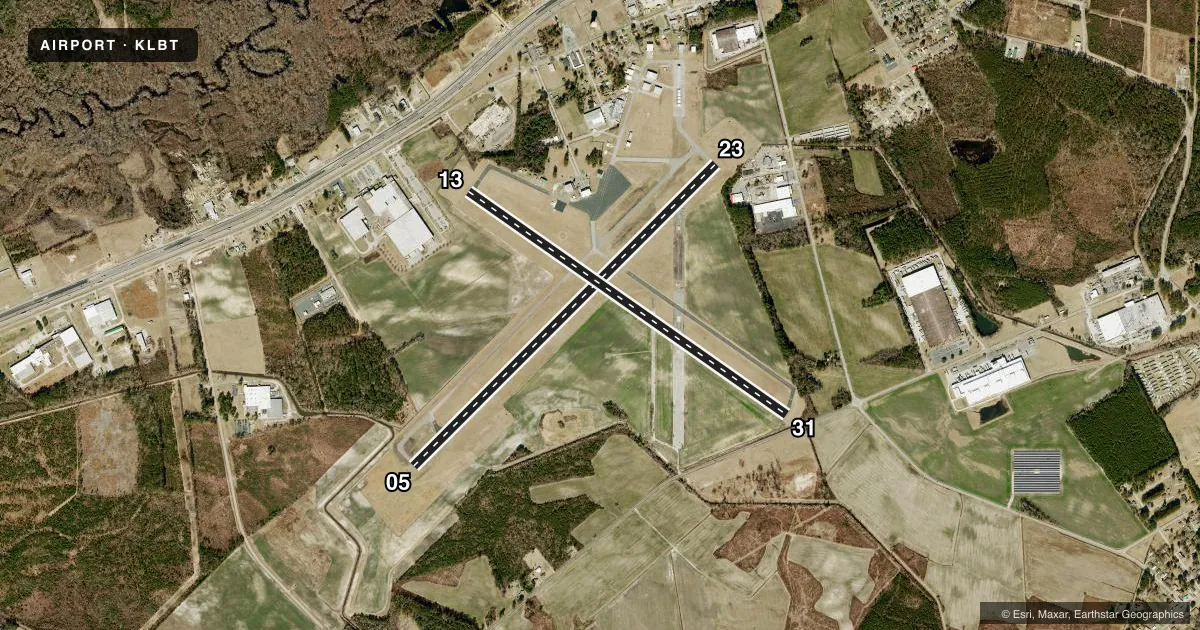 Top-down satellite sketch of KLBT LUMBERTON RGNL in LUMBERTON, NORTH CAROLINA, showing runways 05/23, 13/31 drawn to scale over Esri World Imagery