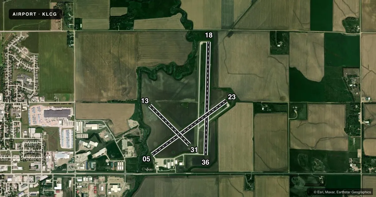 Top-down satellite sketch of KLCG WAYNE MUNI/STAN MORRIS FLD in WAYNE, NEBRASKA, showing runways 18/36, 05/23, 13/31 drawn to scale over Esri World Imagery