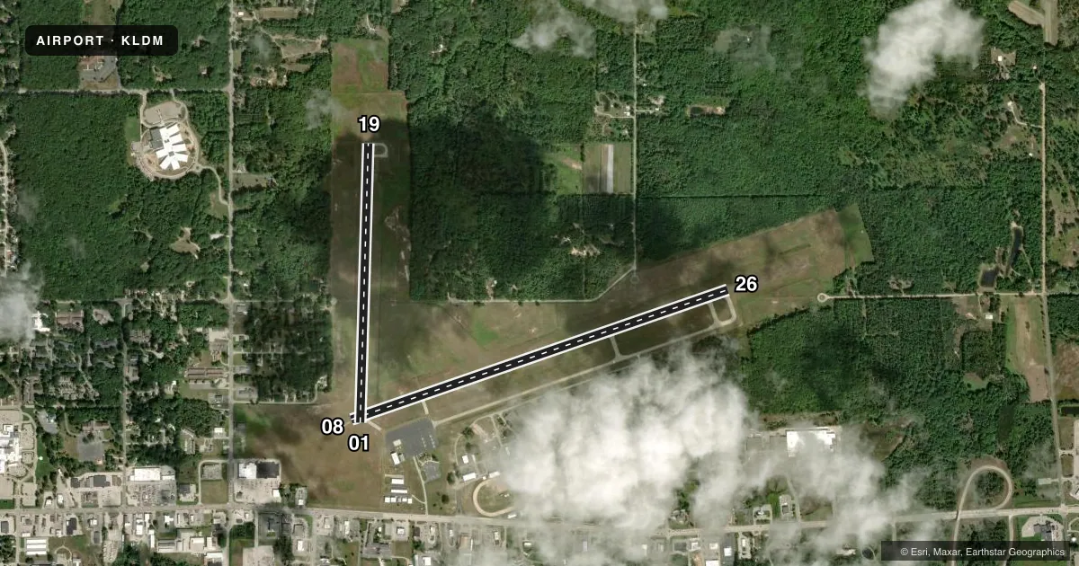 Top-down satellite sketch of KLDM MASON COUNTY in LUDINGTON, MICHIGAN, showing runways 08/26, 01/19 drawn to scale over Esri World Imagery