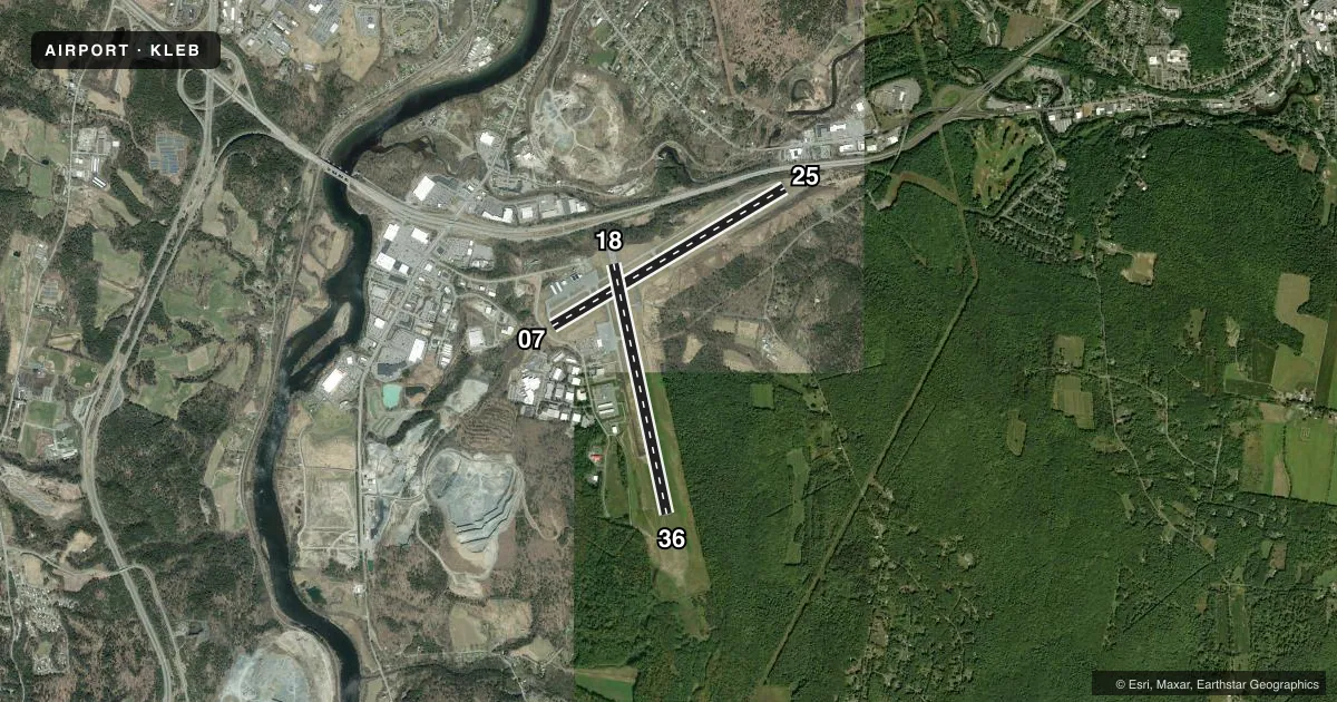 Top-down satellite sketch of KLEB LEBANON MUNI in LEBANON, NEW HAMPSHIRE, showing runways 07/25, 18/36 drawn to scale over Esri World Imagery