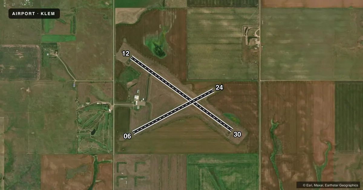 Top-down satellite sketch of KLEM LEMMON MUNI in LEMMON, SOUTH DAKOTA, showing runways 12/30, 06/24 drawn to scale over Esri World Imagery