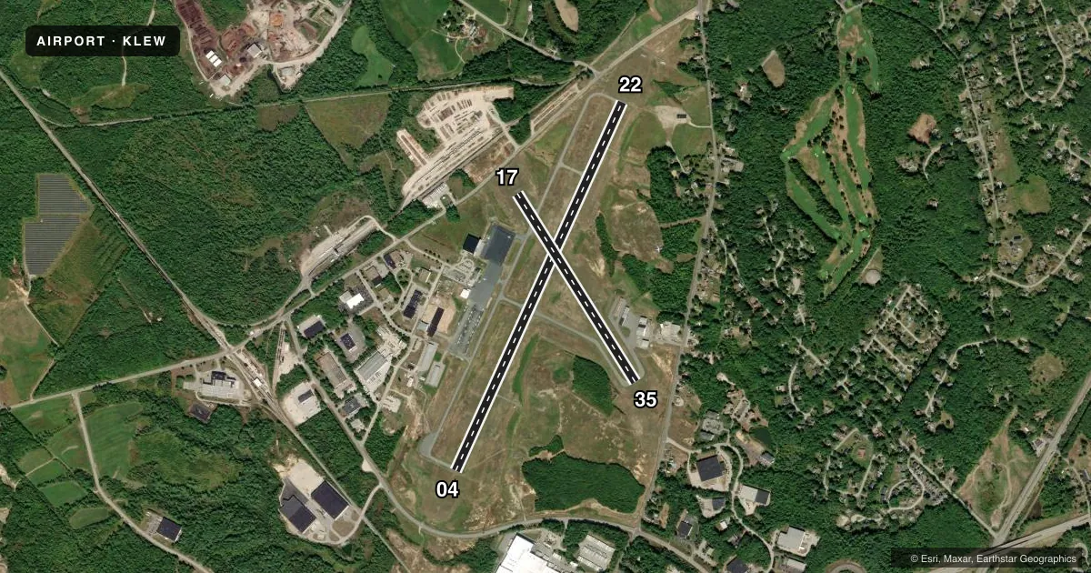 Top-down satellite sketch of KLEW AUBURN/LEWISTON MUNI in AUBURN/LEWISTON, MAINE, showing runways 04/22, 17/35 drawn to scale over Esri World Imagery