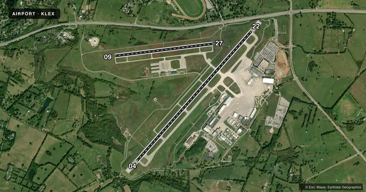 Top-down satellite sketch of KLEX BLUE GRASS in LEXINGTON, KENTUCKY, showing runways 04/22, 09/27 drawn to scale over Esri World Imagery