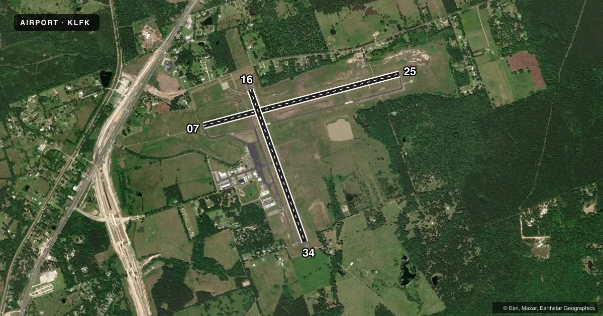 Top-down satellite sketch of KLFK ANGELINA COUNTY in LUFKIN, TEXAS, showing runways 07/25, 16/34 drawn to scale over Esri World Imagery